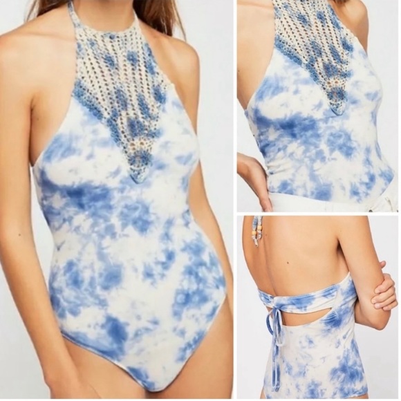 729. Free People Mae Bodysuit Tie Dye Blue Crochet medium NWT - Picture 5 of 6